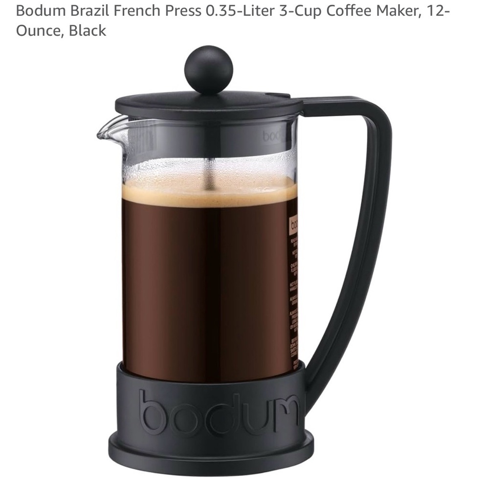 Bodum Black Brazil French Press Coffee Maker. 3 cup capacity. 12oz. Scoop incl.